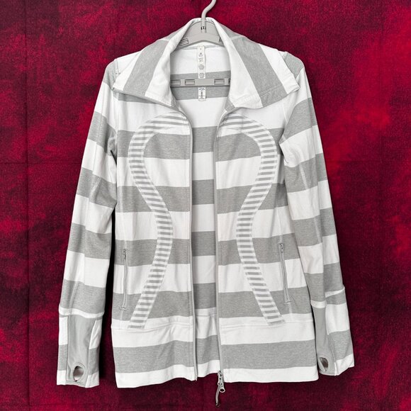 LULULEMON ATHLETICA WOMENS STRIDE HIGH NECK JACKET WHITE GRAY STRIPES, 6 - Picture 1 of 16